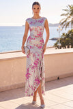 Ruched Bateau Neck Sheath Silver Sequin Wedding Guest Dress With Slit
