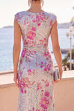 Ruched Bateau Neck Sheath Silver Sequin Wedding Guest Dress With Slit
