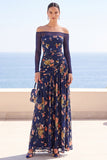 Off The Shoulder Navy Ruched A Line Floral Long Wedding Guest Dress