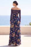 Off The Shoulder Navy Ruched A Line Floral Long Wedding Guest Dress