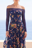 Off The Shoulder Navy Ruched A Line Floral Long Wedding Guest Dress