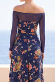 Off The Shoulder Navy Ruched A Line Floral Long Wedding Guest Dress