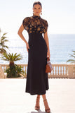High Neck Black A Line Floral Midi Wedding Guest Dress