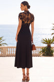 High Neck Black A Line Floral Midi Wedding Guest Dress