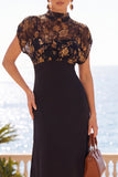 High Neck Black A Line Floral Midi Wedding Guest Dress