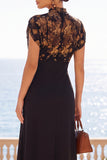 High Neck Black A Line Floral Midi Wedding Guest Dress
