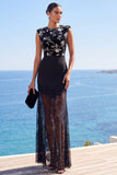 Floral Round Neck Black Sheath Sheer Lace Long Wedding Guest Dress