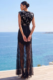 Floral Round Neck Black Sheath Sheer Lace Long Wedding Guest Dress