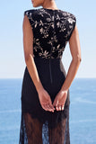 Floral Round Neck Black Sheath Sheer Lace Long Wedding Guest Dress