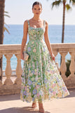 Square Neck Corset Floral Green A Line Long Wedding Guest Dress