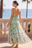 Square Neck Corset Floral Green A Line Long Wedding Guest Dress