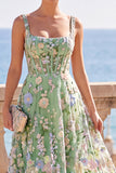 Square Neck Corset Floral Green A Line Long Wedding Guest Dress