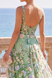 Square Neck Corset Floral Green A Line Long Wedding Guest Dress