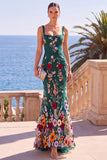 Square Neck Green 3D Flower Mermaid Long Wedding Guest Dress