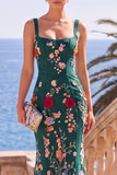 Square Neck Green 3D Flower Mermaid Long Wedding Guest Dress
