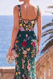 Square Neck Green 3D Flower Mermaid Long Wedding Guest Dress