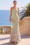 Square Neck Green 3D Flower Mermaid Long Wedding Guest Dress