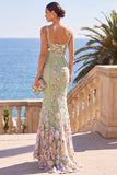 Square Neck Green 3D Flower Mermaid Long Wedding Guest Dress