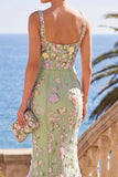 Square Neck Green 3D Flower Mermaid Long Wedding Guest Dress