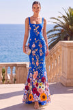 Square Neck Green 3D Flower Mermaid Long Wedding Guest Dress