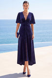 V-Neck A Line Navy Polka Dot Wedding Guest Dress With Slit