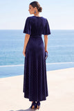 V-Neck A Line Navy Polka Dot Wedding Guest Dress With Slit