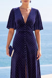 V-Neck A Line Navy Polka Dot Wedding Guest Dress With Slit