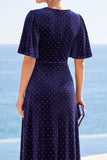 V-Neck A Line Navy Polka Dot Wedding Guest Dress With Slit