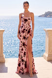 Strapless Mermaid Pink Corset Ruched Long Prom Dress With Slit