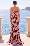 Strapless Mermaid Pink Corset Ruched Long Prom Dress With Slit