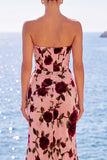 Strapless Mermaid Pink Corset Ruched Long Prom Dress With Slit