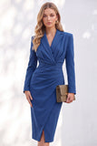 Ruched One Piece Notched Lapel Work Dress With Slit