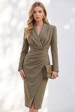 Ruched One Piece Notched Lapel Work Dress With Slit