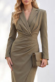 Ruched One Piece Notched Lapel Work Dress With Slit