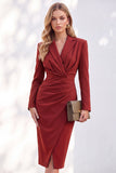Ruched One Piece Notched Lapel Work Dress With Slit
