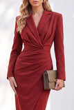Ruched One Piece Notched Lapel Work Dress With Slit