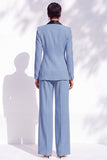 Shawl Lapel 2 Piece Flower Blue Women Suits