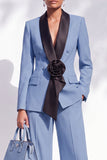 Shawl Lapel 2 Piece Flower Blue Women Suits