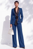 Shawl Lapel 2 Piece Flower Blue Women Suits