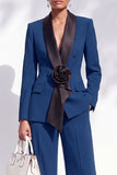 Shawl Lapel 2 Piece Flower Blue Women Suits