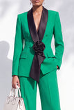 Shawl Lapel 2 Piece Flower Blue Women Suits
