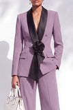 Shawl Lapel 2 Piece Flower Blue Women Suits