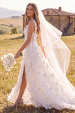 Corset V-Neck A Line White Maxi Wedding Dress With 3D Flowers