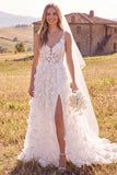 Corset V-Neck A Line White Maxi Wedding Dress With 3D Flowers