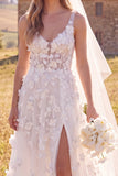 Corset V-Neck A Line White Maxi Wedding Dress With 3D Flowers