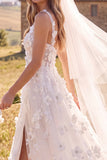 Corset V-Neck A Line White Maxi Wedding Dress With 3D Flowers