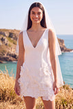 V-Neck Bodycon White Mini Engagement Dress With 3D Flowers