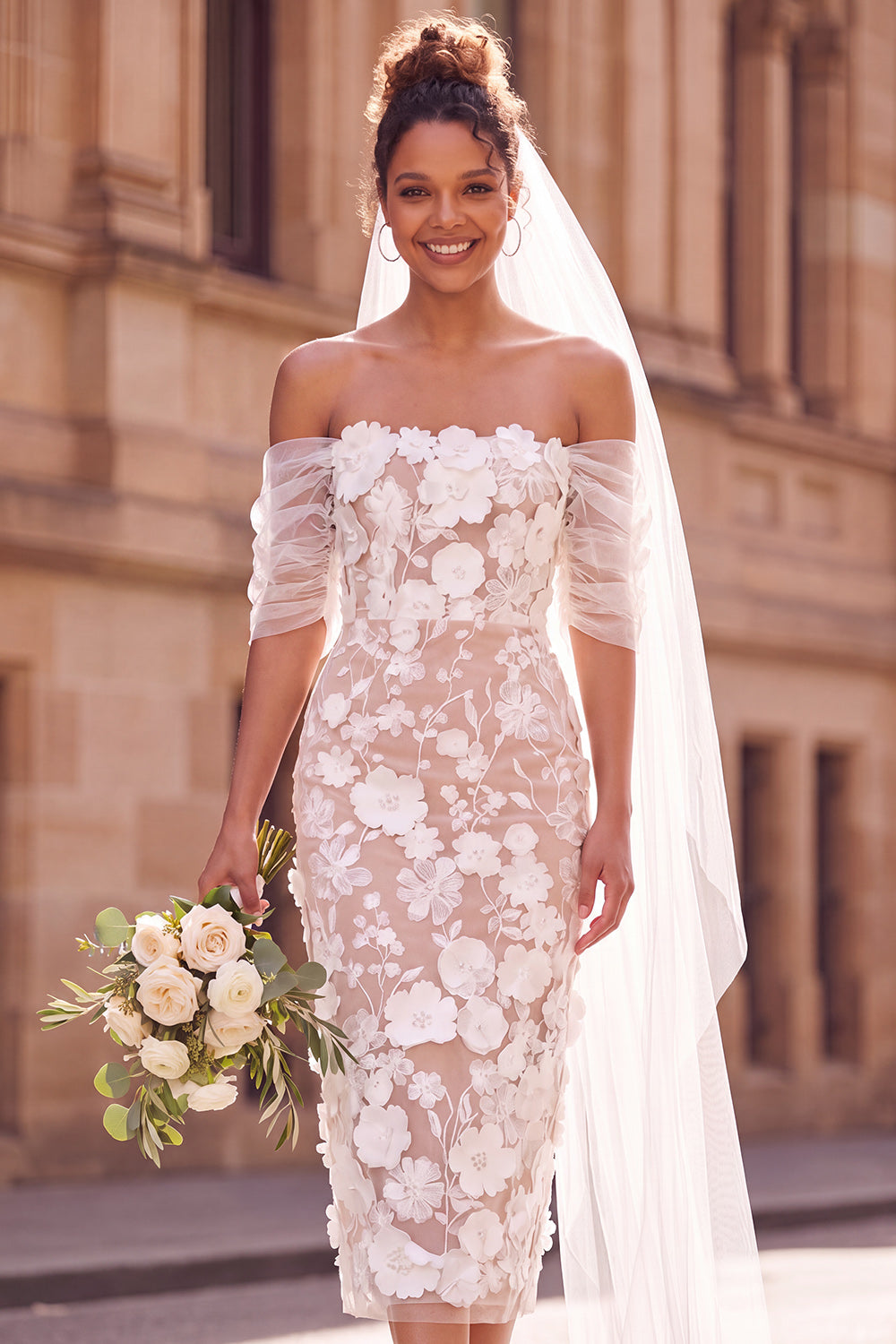 Berylove Women Off The Shoulder Engagement Dress Sheath Floral Tulle White Midi Courthouse Wedding Dress