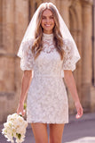 Bodycon Lace Illusion Neck Beaded Puff Sleeve White Mini Engagement Dress