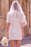 Bodycon Lace Illusion Neck Beaded Puff Sleeve White Mini Engagement Dress